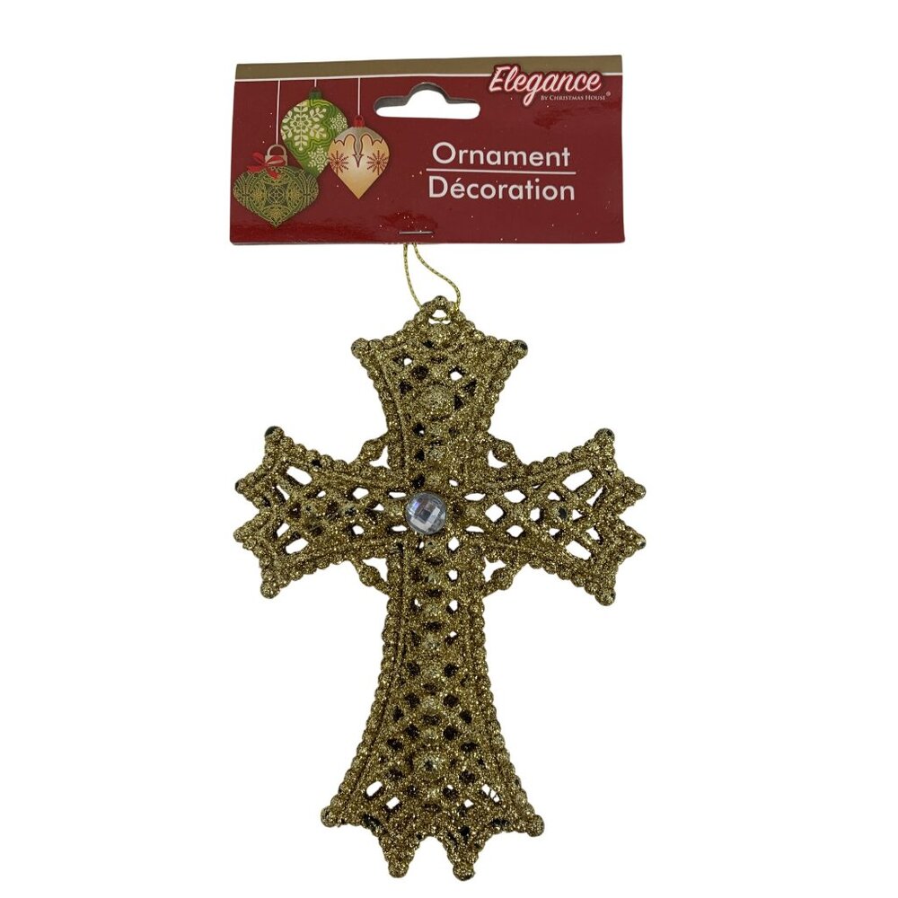 Vintage Elegance by Christmas House Gold Glitter Cross Ornament Decor DD10690